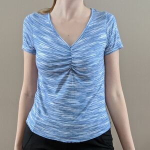 Caution to the Wind-rouched heathered blue tee